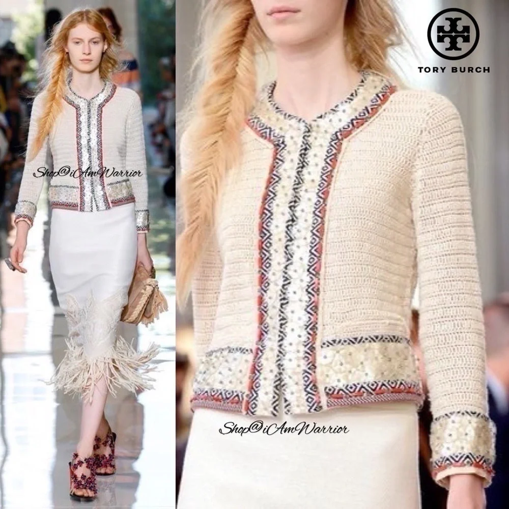 Tory Burch cream crochet beaded embellished cardigan jacket *shop@iamwarrior